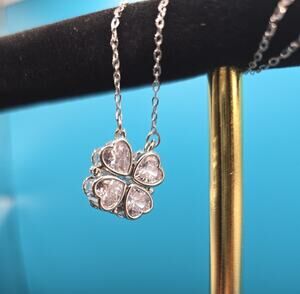 Silver Tone Folding Clover Heart Necklace Clear Sparkling Stones